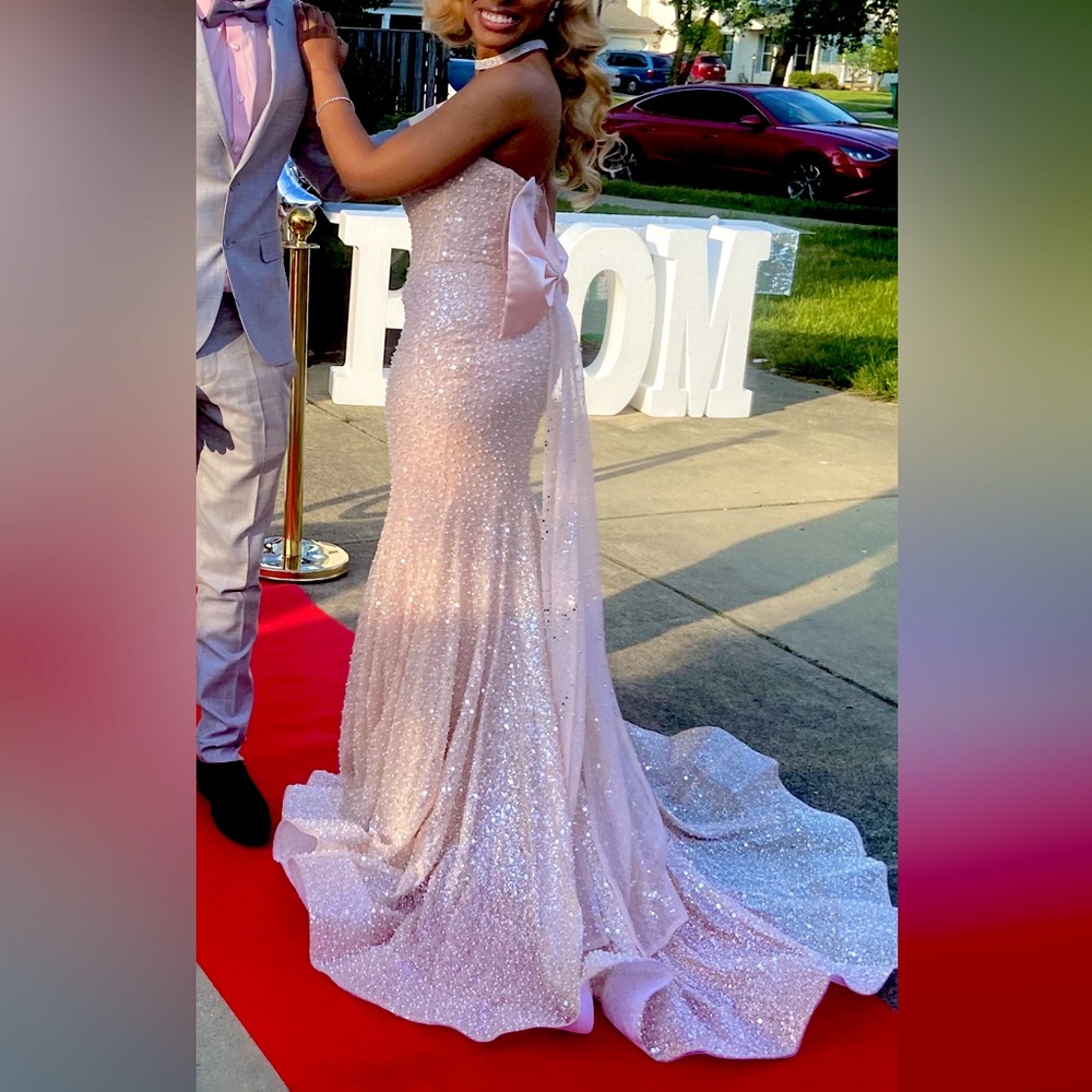 Light Pink Beaded Prom Dress with Custom Train and Bow